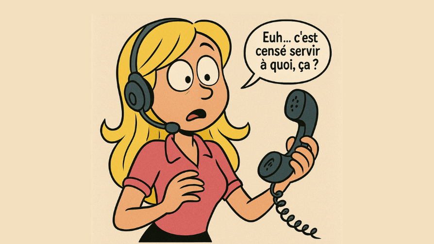 Une secrétaire blonde à l'air hébété avec un combiné de téléphone dans la main