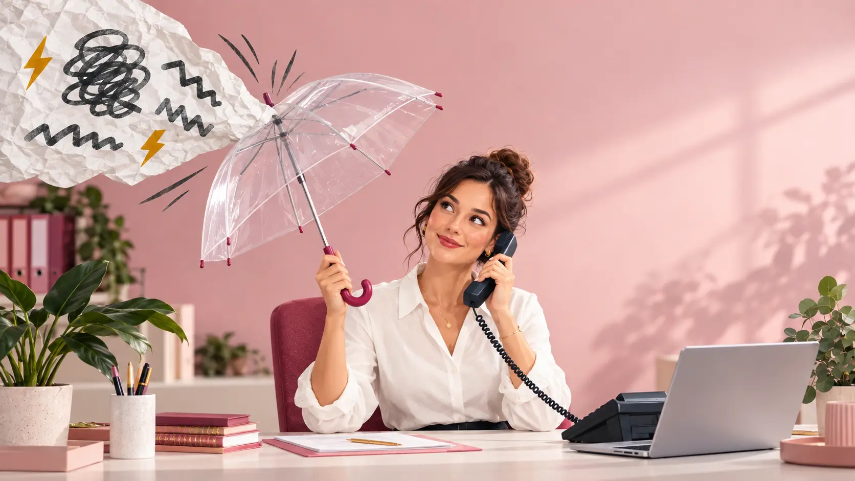 Une-secretaire-qui-se-protege-des-attaques-avec-un-parapluie
