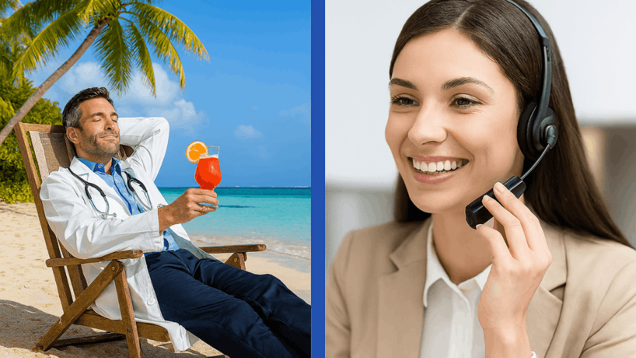 Un médecin qui sirote un cocktail sur une plage et une télésecrétaire souriante au téléphone