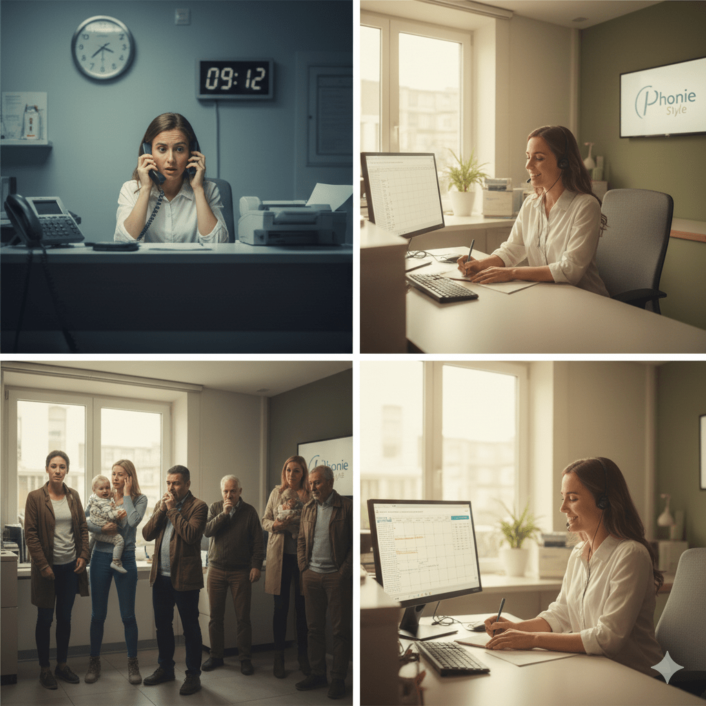 Un collage de quatre images qui représentent le chaos administratif d'un cabinet médical après les fêtes