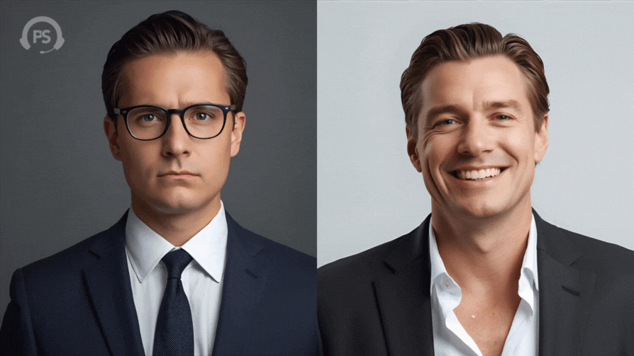 A gauche un commercial à l'allure sérieuse et à gauche un commercial à l'allure plus décontractée