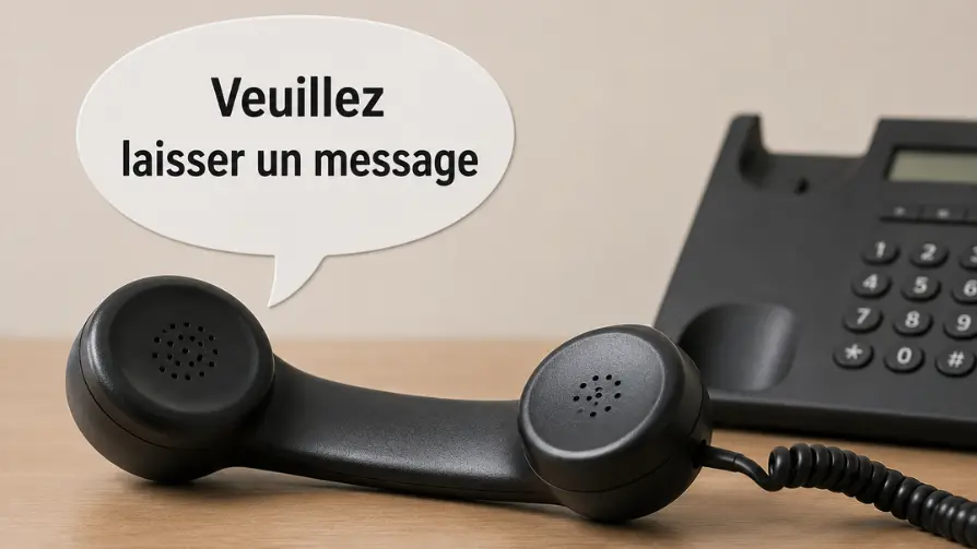 Un combiné de téléphone décroché avec une bulle de dialogue